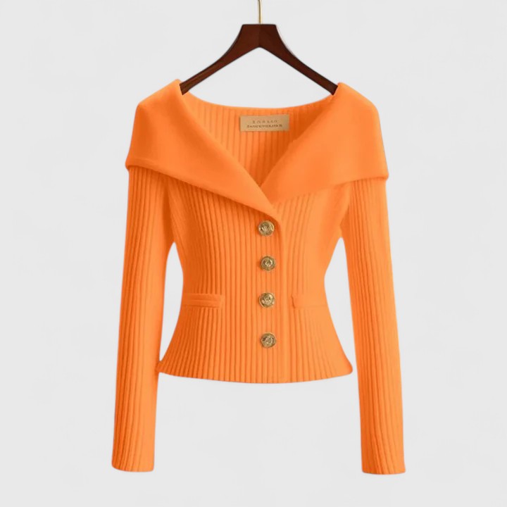 Ava | Ribbed Knit Gold Button Portrait Collar Cardigan