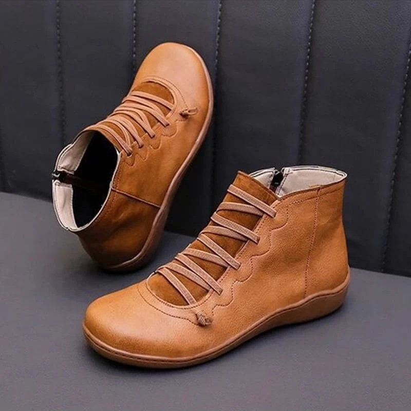 Erin | Leather Lace Up Flat Ankle Boots with Side Zip