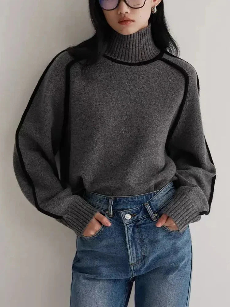 Sophia | Contrast Seam Ribbed Turtleneck Knit Jumper