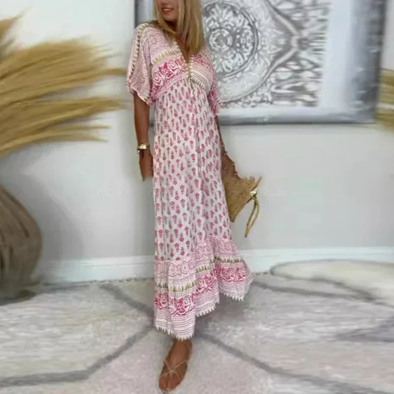 Amelia | Women's Boho Tassel Detail Short Sleeve Maxi Dress