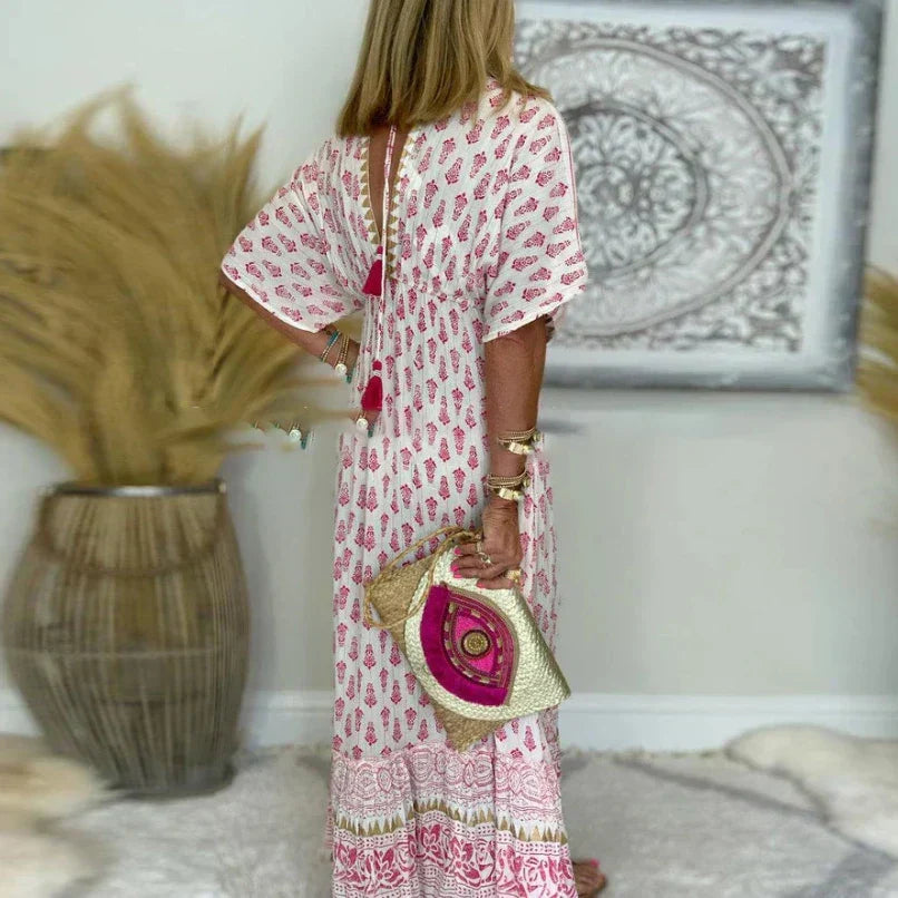 Amelia | Women's Boho Tassel Detail Short Sleeve Maxi Dress