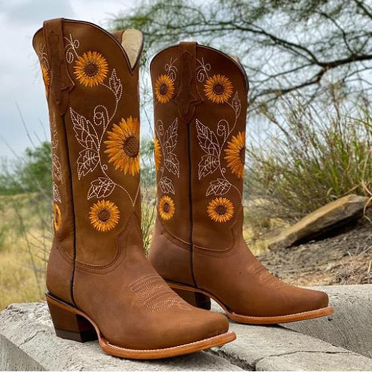 Marigold | Sunflower Embroidered Pointed Toe Western Cowboy Boots