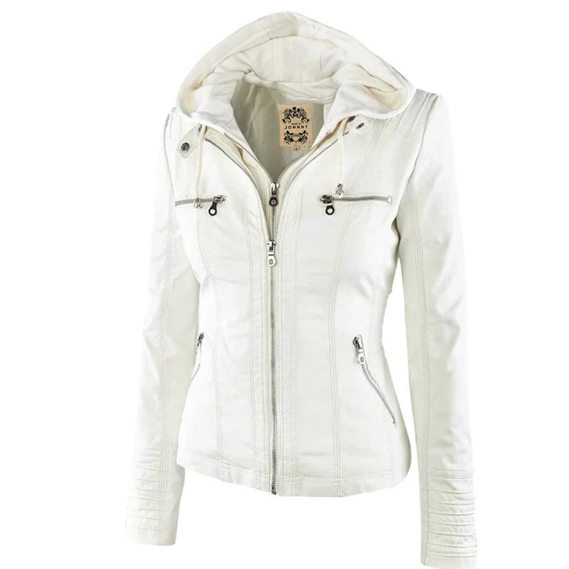 Rhian | Faux Leather Hooded Zip Biker Jacket
