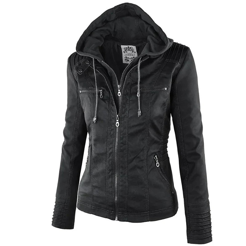 Rhian | Faux Leather Hooded Zip Biker Jacket