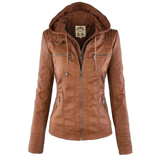 Rhian | Faux Leather Hooded Zip Biker Jacket