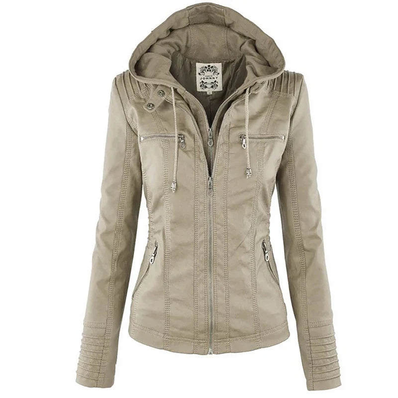 Rhian | Faux Leather Hooded Zip Biker Jacket