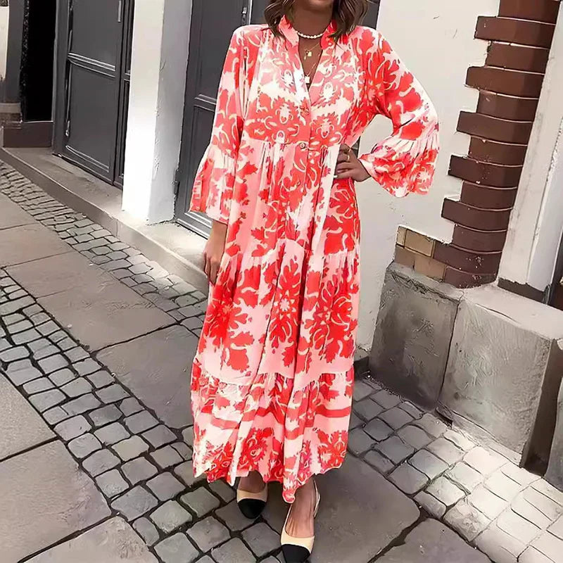 Ava | Women's Boho Printed Long Sleeve Midi Dress