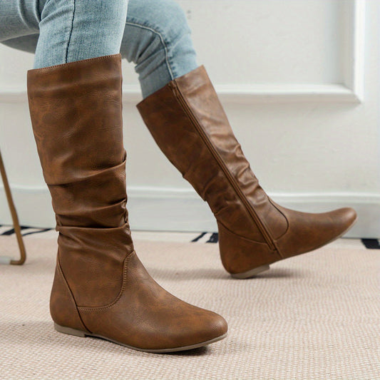Vivienne | Faux Leather Slouch Flat Knee High Boots