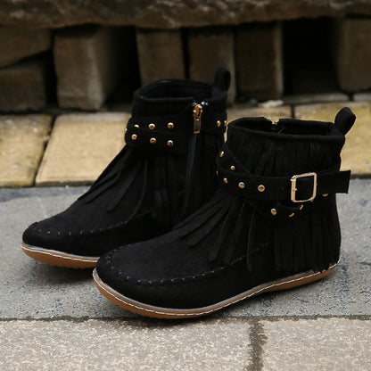 Romy | Boho Faux Suede Fringe Flat Ankle Boots