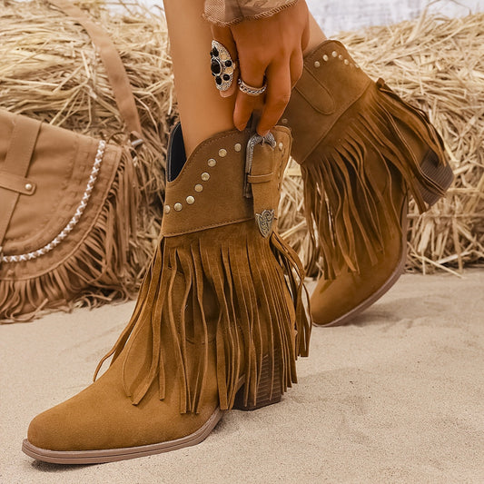 Calla | Suede Fringe Western Cowboy Ankle Boots
