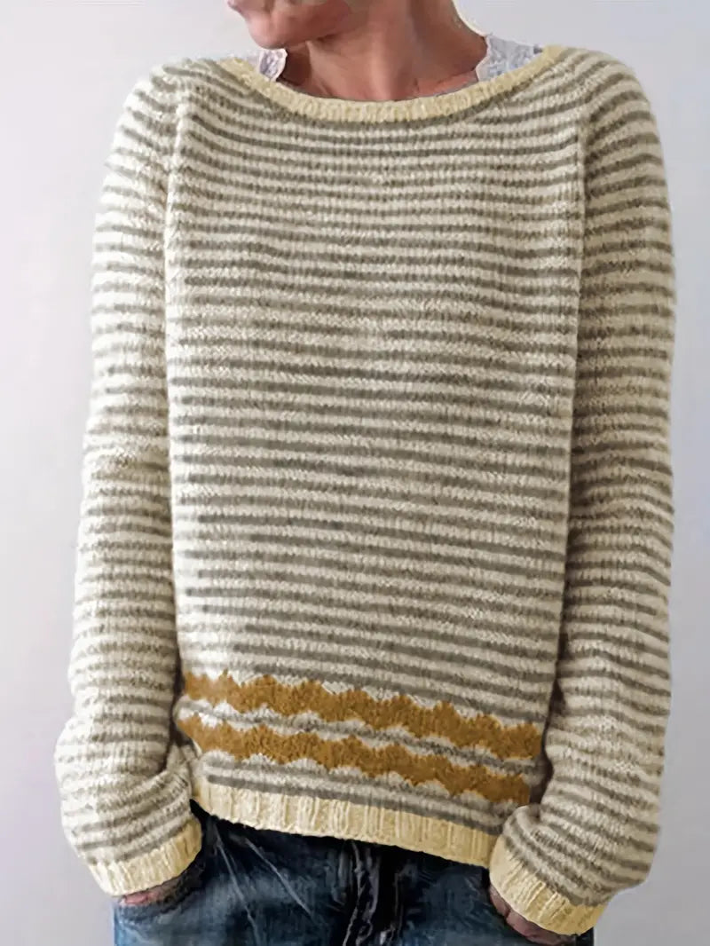 Carys | Striped Zigzag Hem Crew Neck Knit Jumper