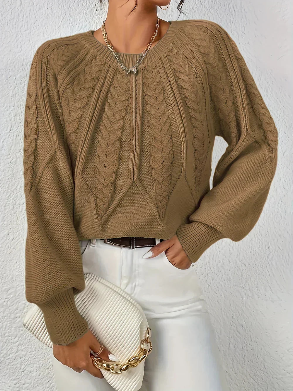 Kelsey | Cable Knit Crew Neck Balloon Sleeve Jumper