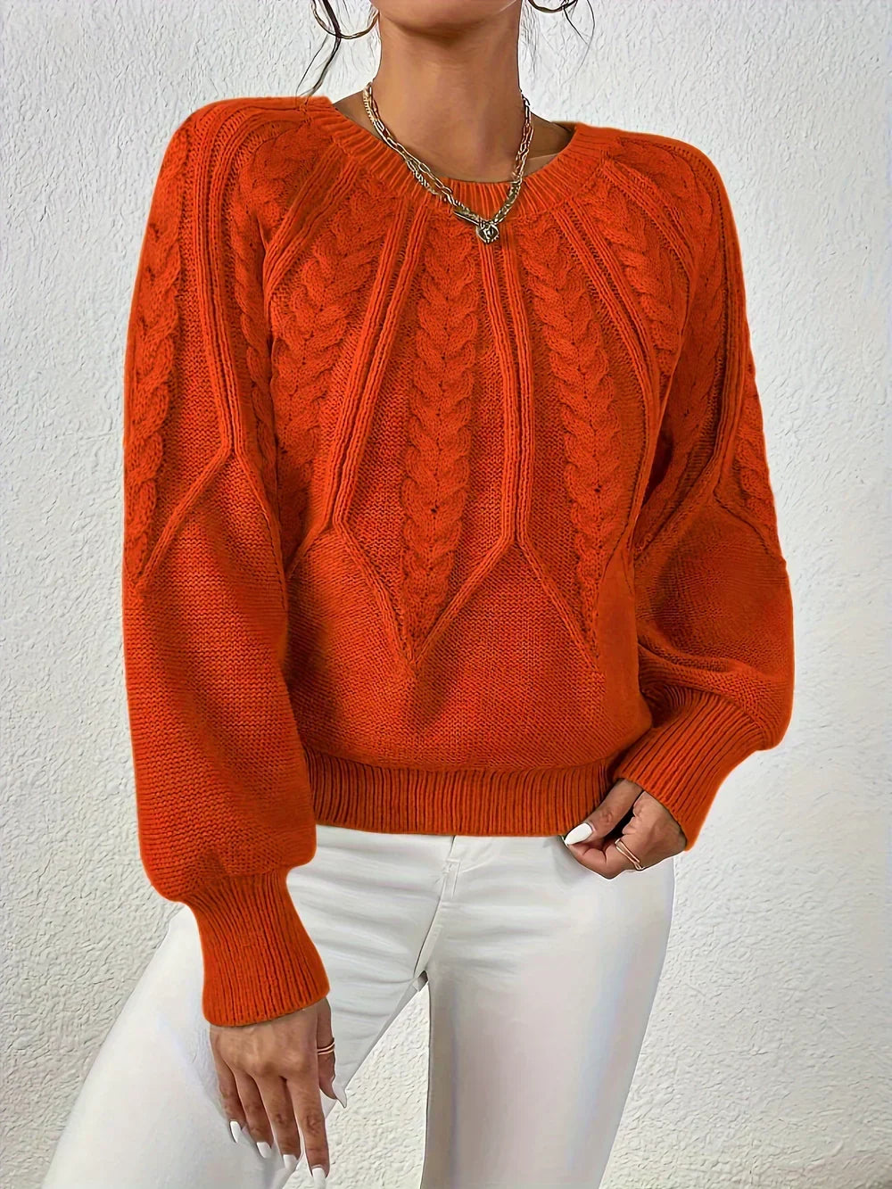 Kelsey | Cable Knit Crew Neck Balloon Sleeve Jumper