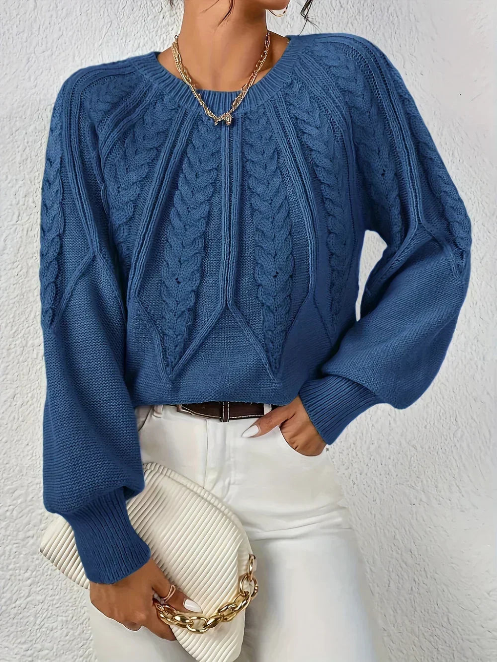 Kelsey | Cable Knit Crew Neck Balloon Sleeve Jumper
