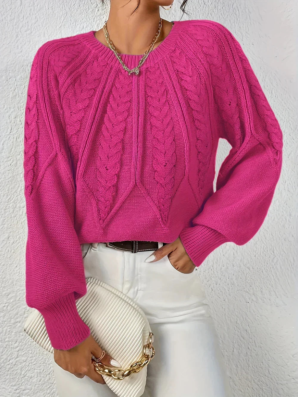 Kelsey | Cable Knit Crew Neck Balloon Sleeve Jumper