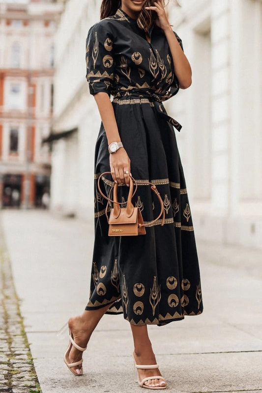 Cassandra | Women's Collared Printed Long Sleeve Midi Dress