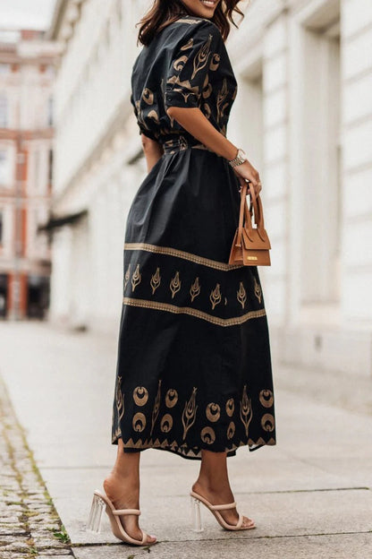 Cassandra | Women's Collared Printed Long Sleeve Midi Dress