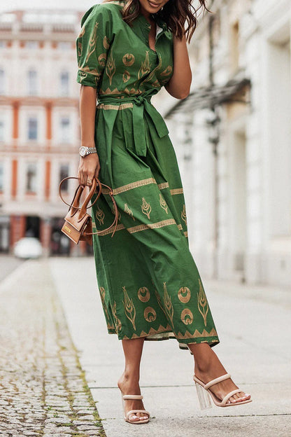 Cassandra | Women's Collared Printed Long Sleeve Midi Dress