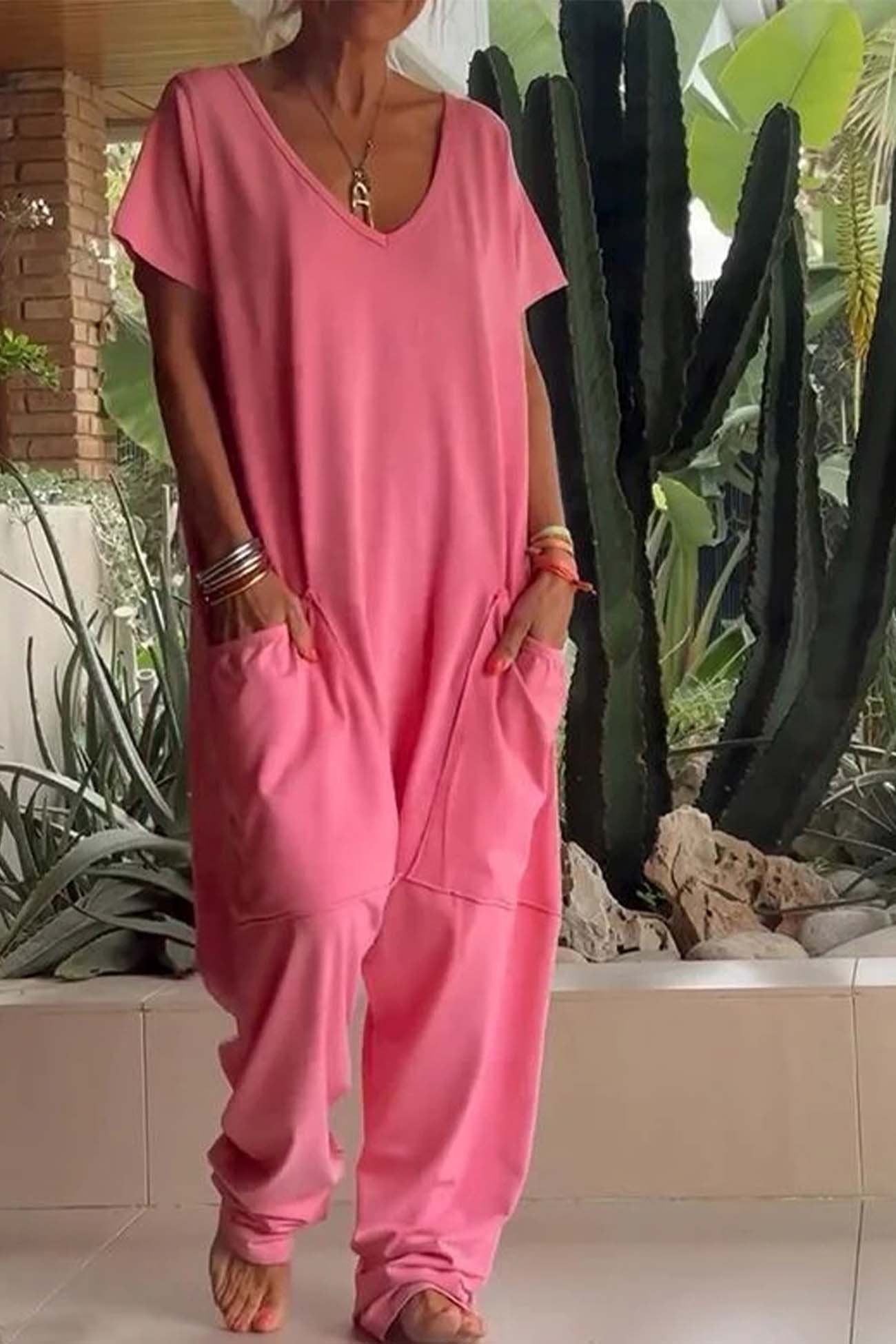 Celeste | Women's V-Neck Short Sleeve Wide Leg Jumpsuit