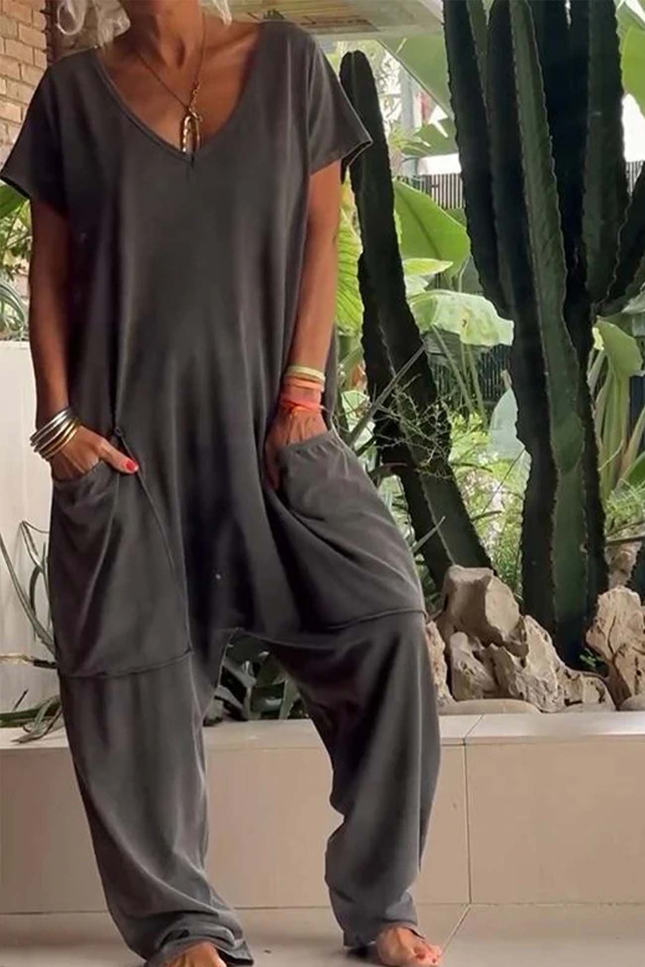 Celeste | Women's V-Neck Short Sleeve Wide Leg Jumpsuit