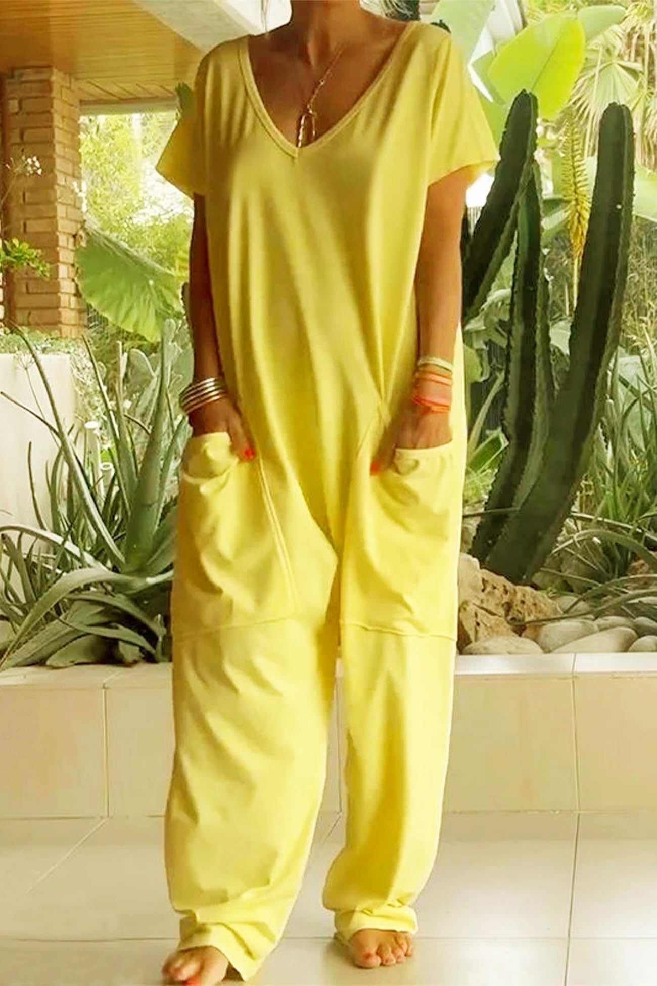 Celeste | Women's V-Neck Short Sleeve Wide Leg Jumpsuit