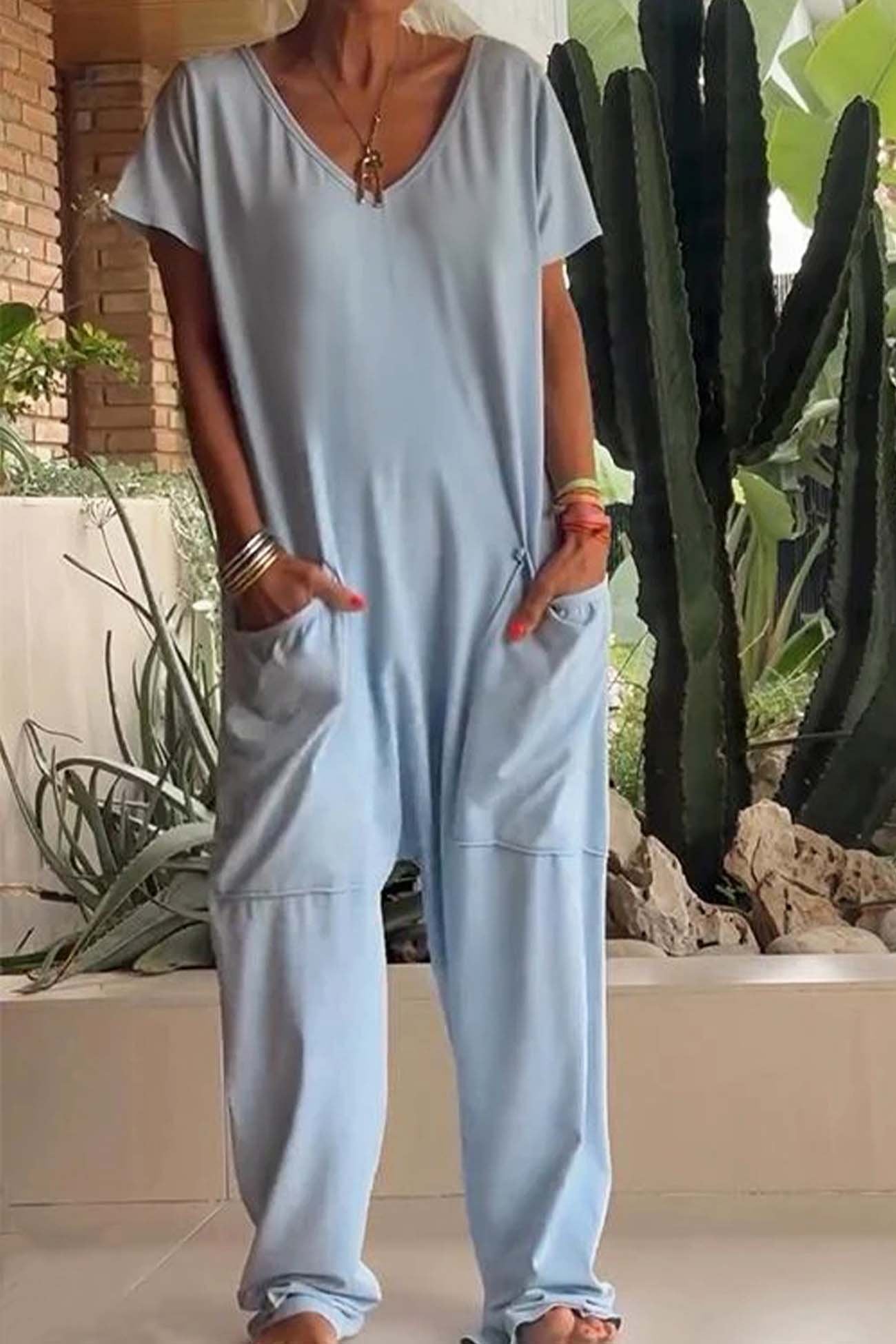 Celeste | Women's V-Neck Short Sleeve Wide Leg Jumpsuit