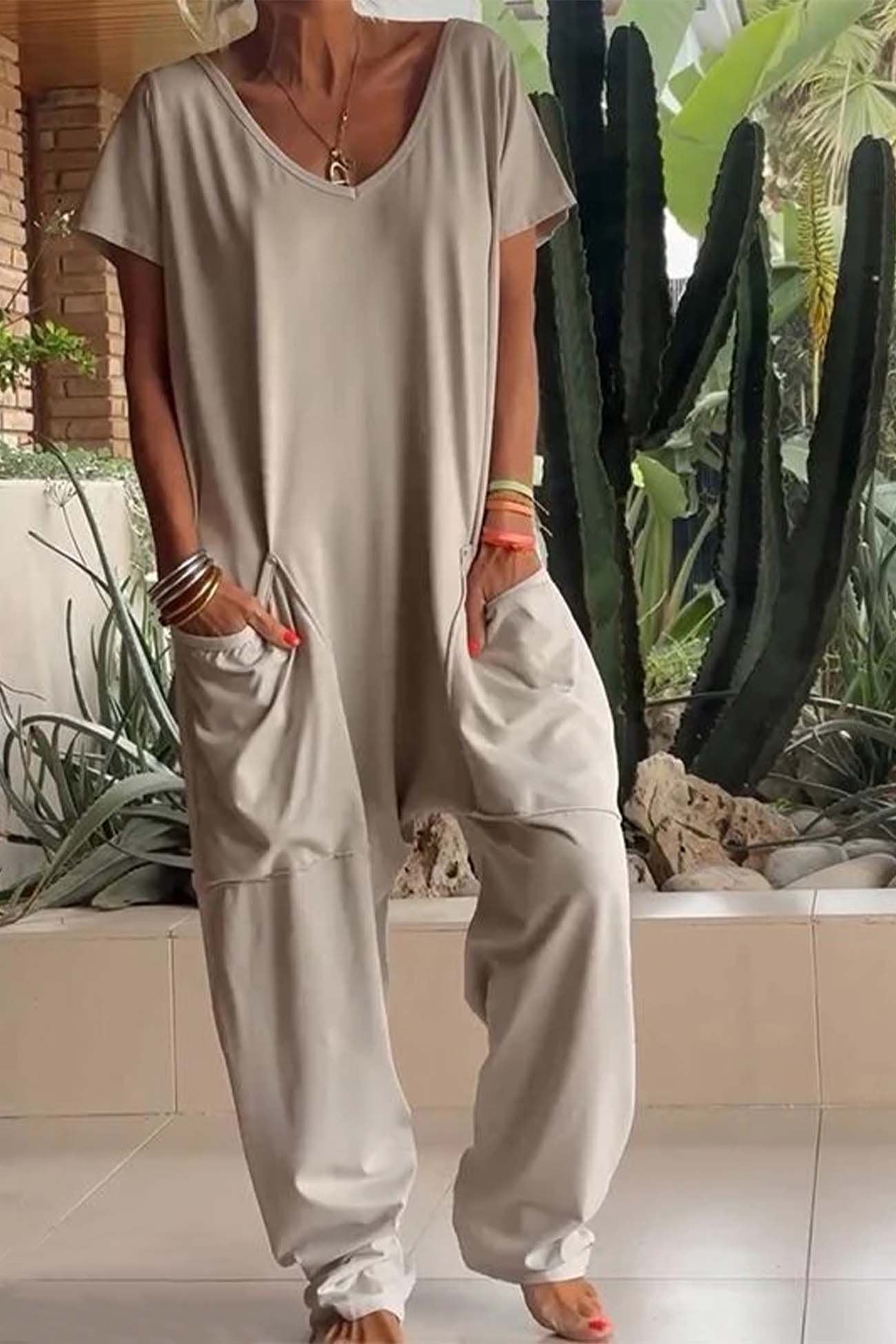 Celeste | Women's V-Neck Short Sleeve Wide Leg Jumpsuit