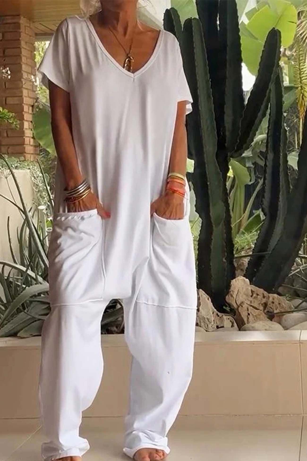 Celeste | Women's V-Neck Short Sleeve Wide Leg Jumpsuit