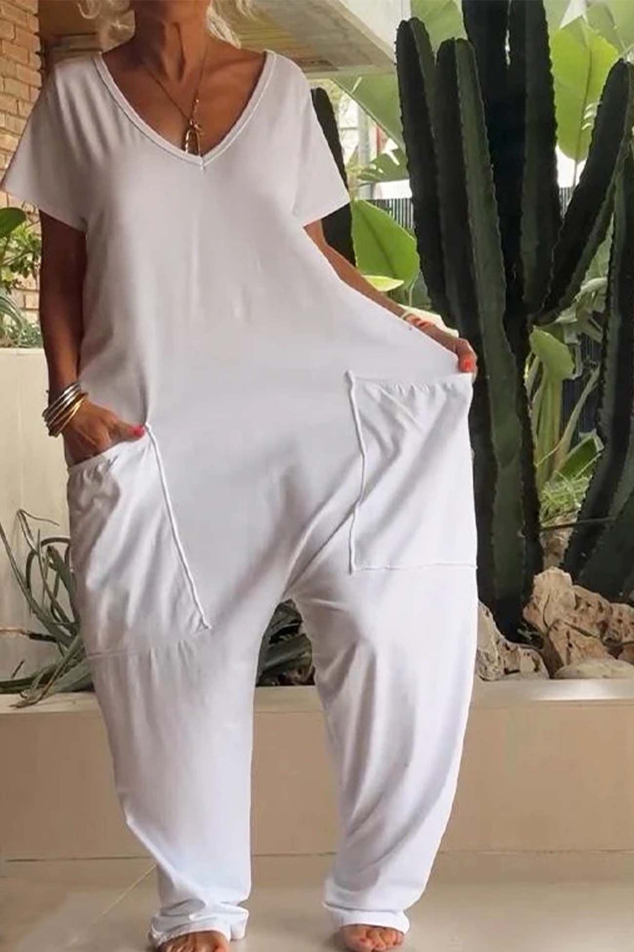 Celeste | Women's V-Neck Short Sleeve Wide Leg Jumpsuit