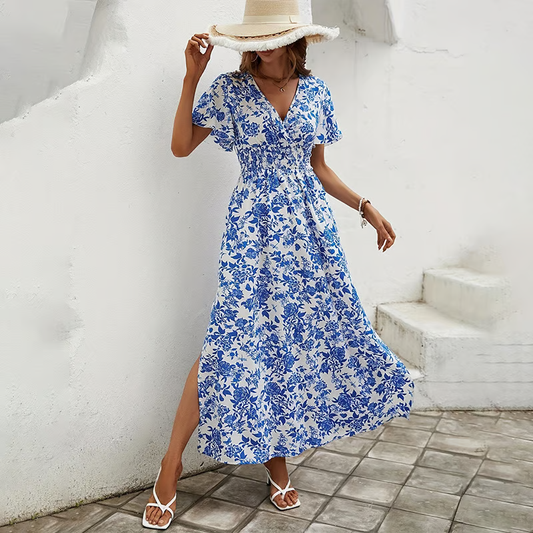 Delilah | Women's Floral V Neck Short Sleeve Maxi Dress