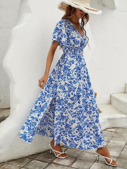 Delilah | Women's Floral V Neck Short Sleeve Maxi Dress