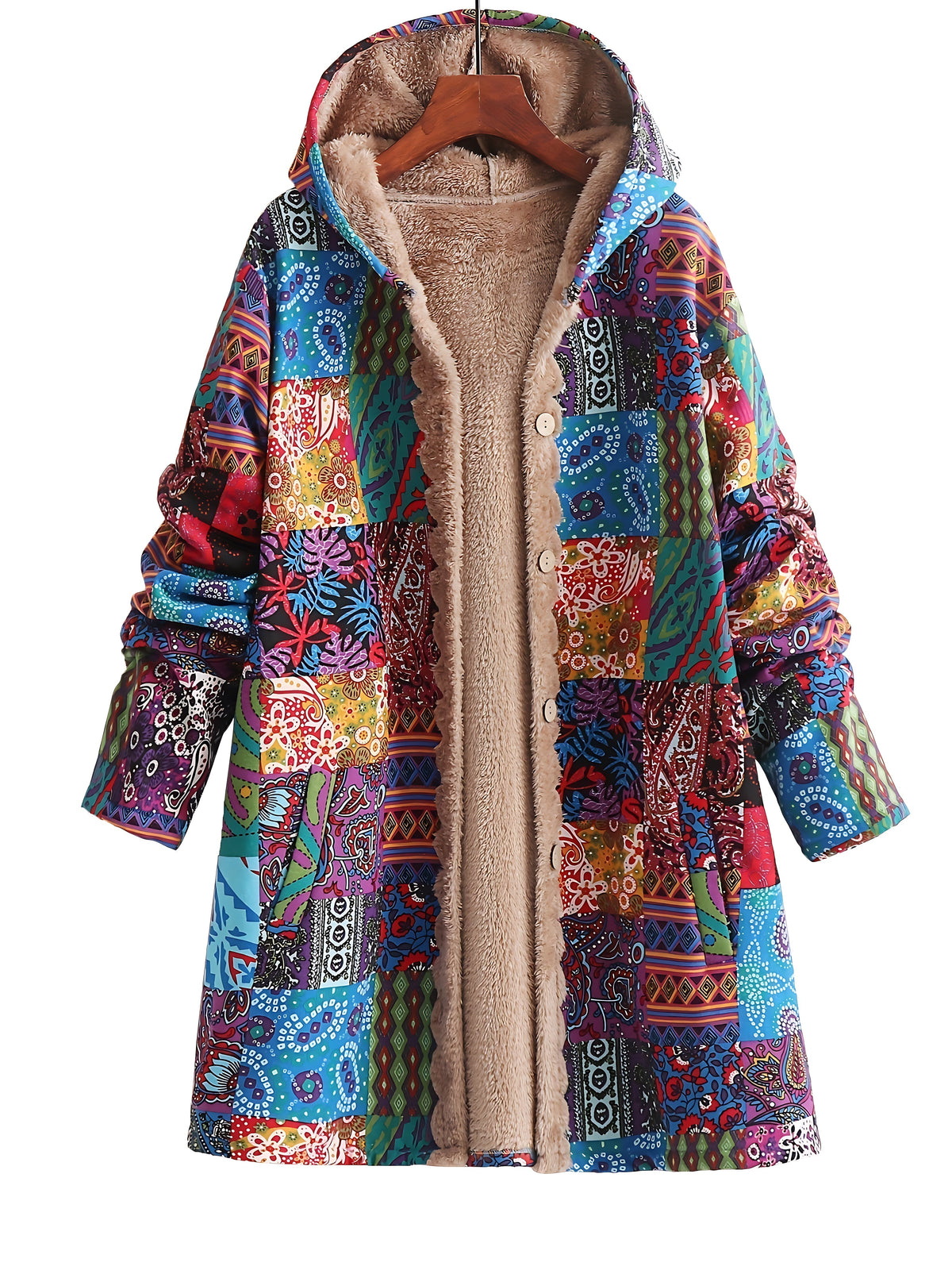 Madeline | Boho Floral Sherpa Hooded Longline Winter Coat