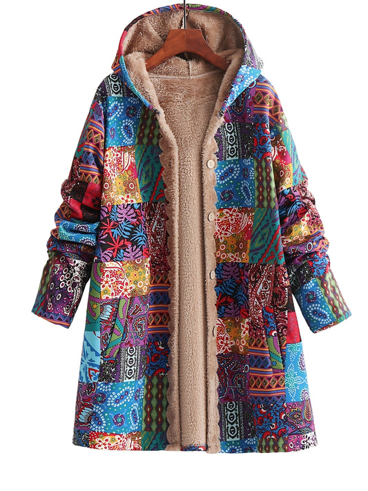 Madeline | Boho Floral Sherpa Hooded Longline Winter Coat