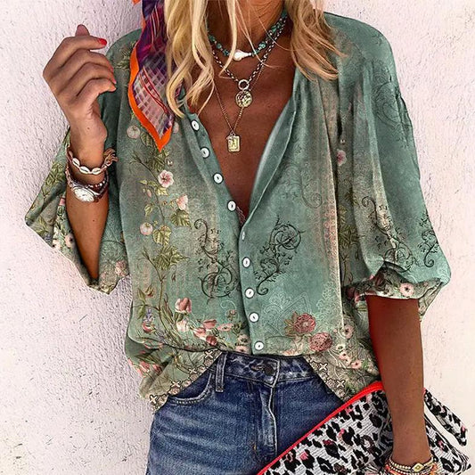 Octavia | Women's Floral Button Up 3/4 Sleeve Blouse