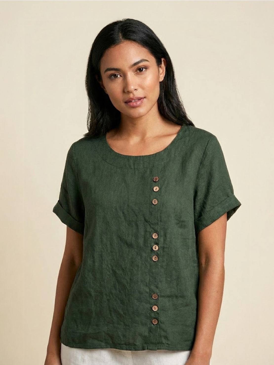 Eleanor | Women’s Linen Round Neck Button Blouse