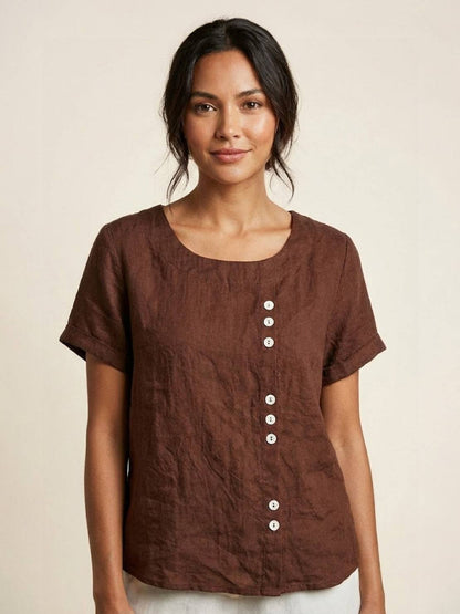 Eleanor | Women’s Linen Round Neck Button Blouse