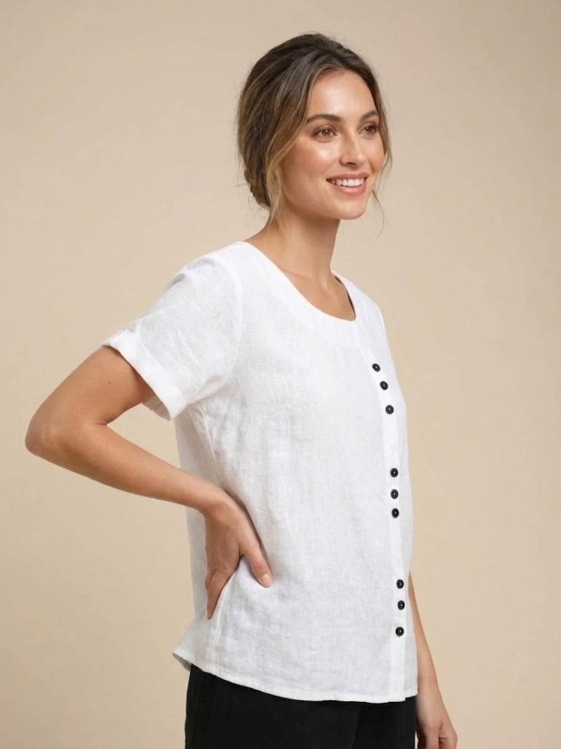 Eleanor | Women’s Linen Round Neck Button Blouse