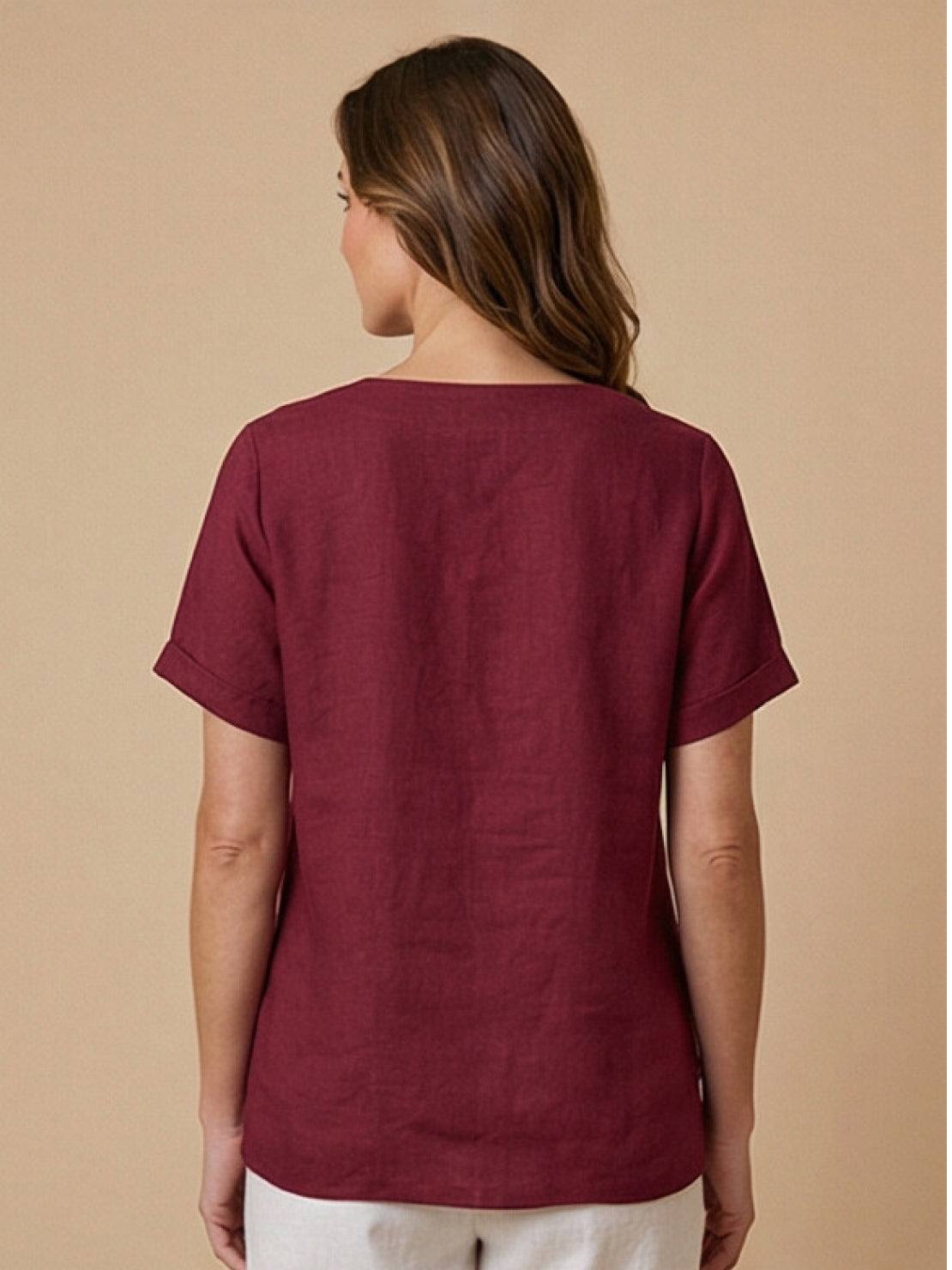 Eleanor | Women’s Linen Round Neck Button Blouse