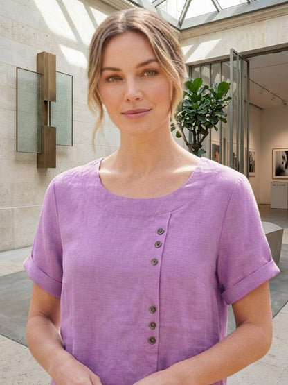 Eleanor | Women’s Linen Round Neck Button Blouse