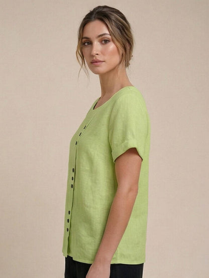 Eleanor | Women’s Linen Round Neck Button Blouse