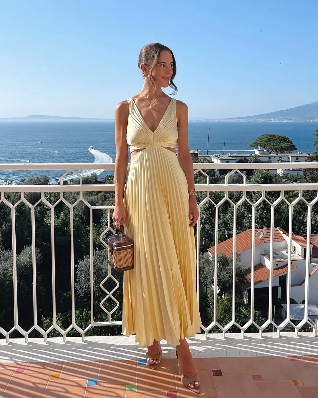 Audrey | Women's Pleated Cutout Waist Midi Wedding Guest Dress