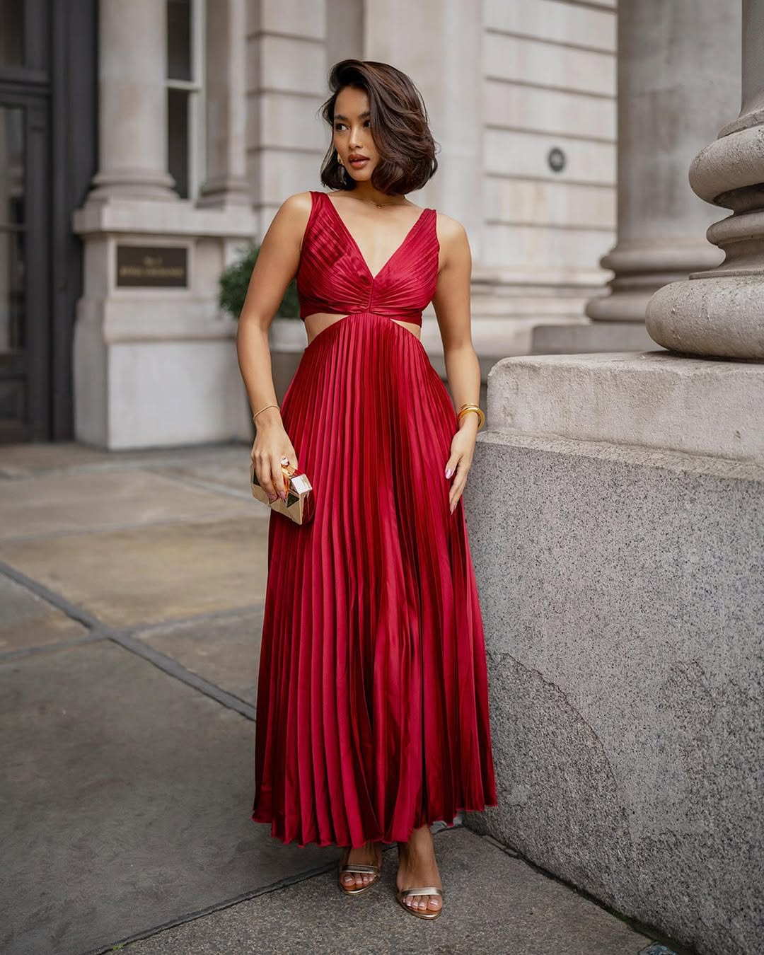 Audrey | Women's Pleated Cutout Waist Midi Wedding Guest Dress
