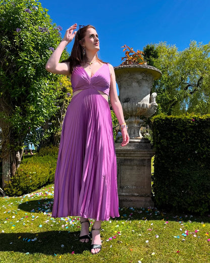 Audrey | Women's Pleated Cutout Waist Midi Wedding Guest Dress