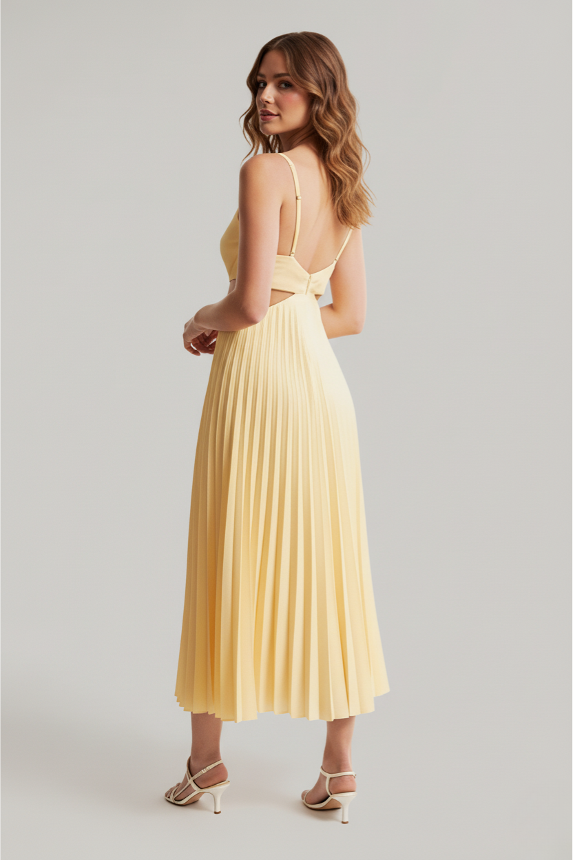 Audrey | Women's Pleated Cutout Waist Midi Wedding Guest Dress