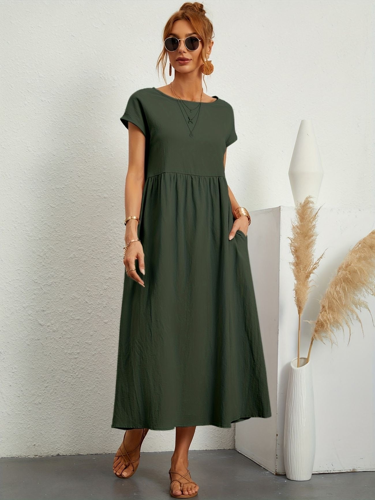 Alice | Women's Short Sleeve Loose Midi Pocket Dress