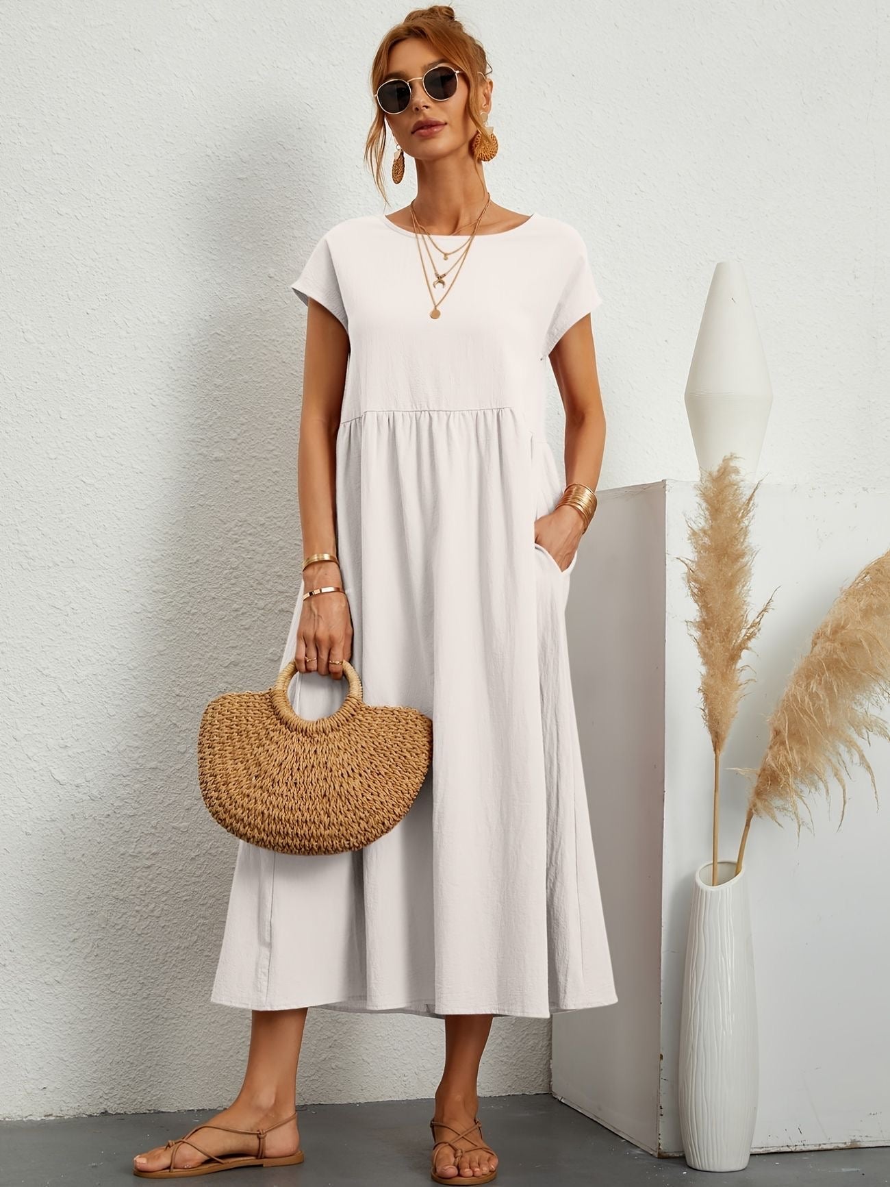Alice | Women's Short Sleeve Loose Midi Pocket Dress