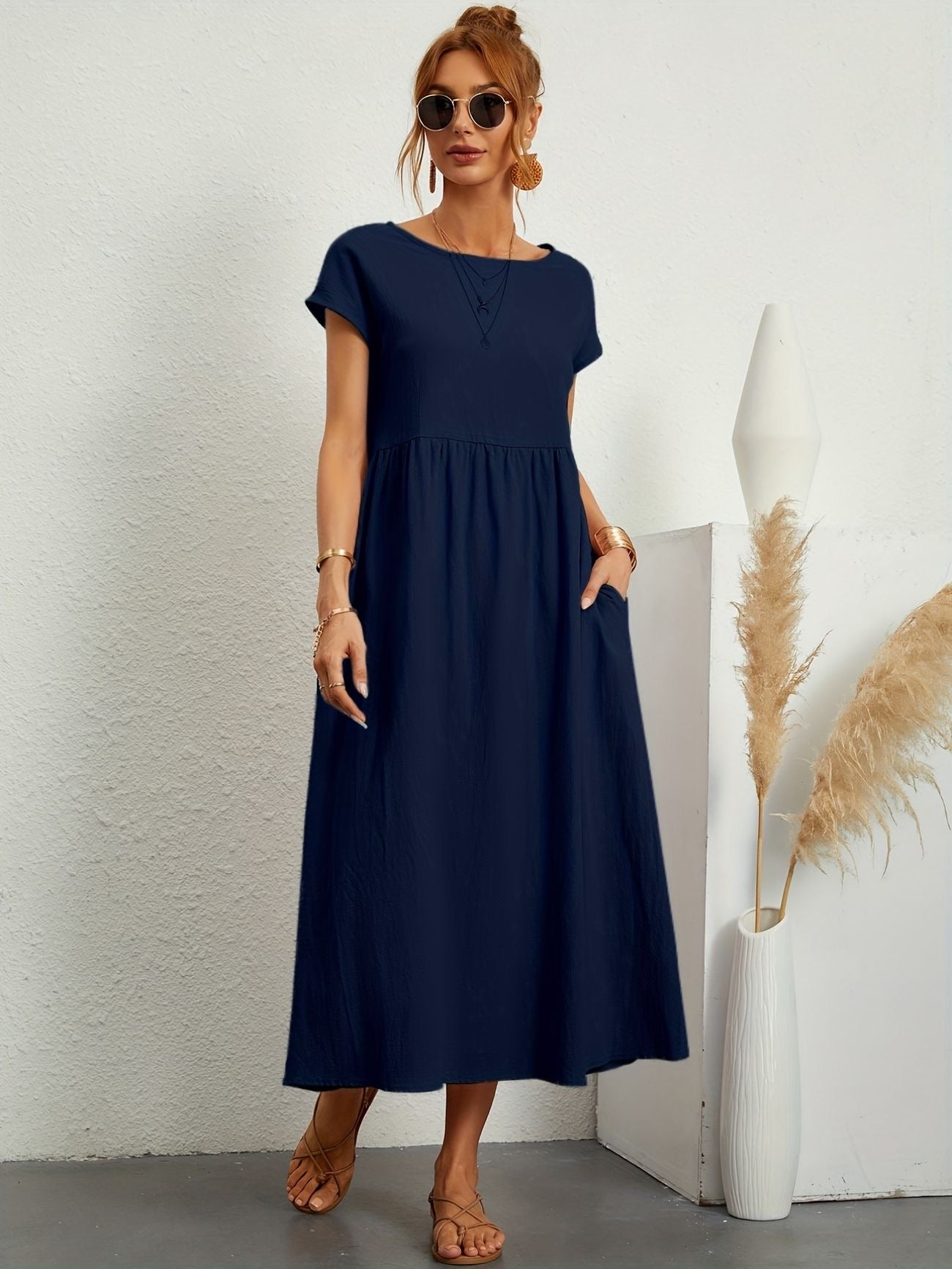 Alice | Women's Short Sleeve Loose Midi Pocket Dress