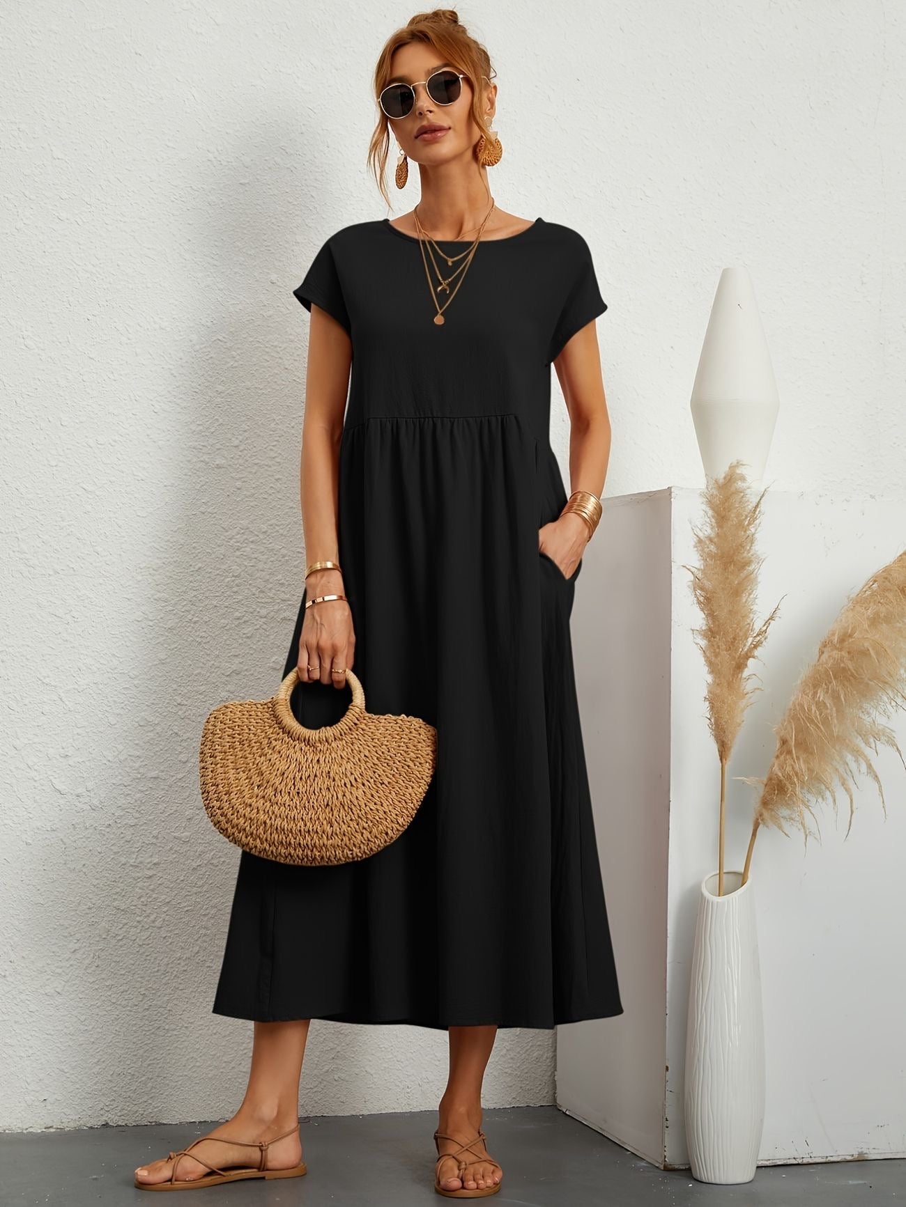 Alice | Women's Short Sleeve Loose Midi Pocket Dress