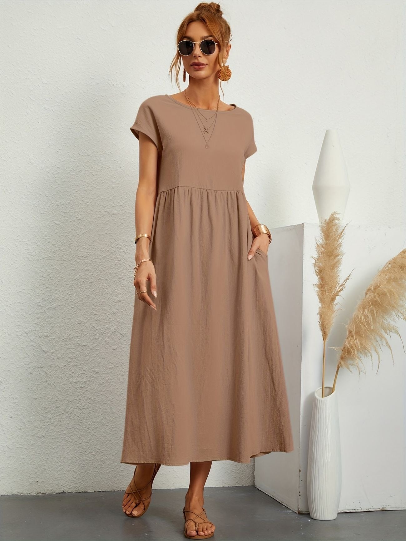 Alice | Women's Short Sleeve Loose Midi Pocket Dress
