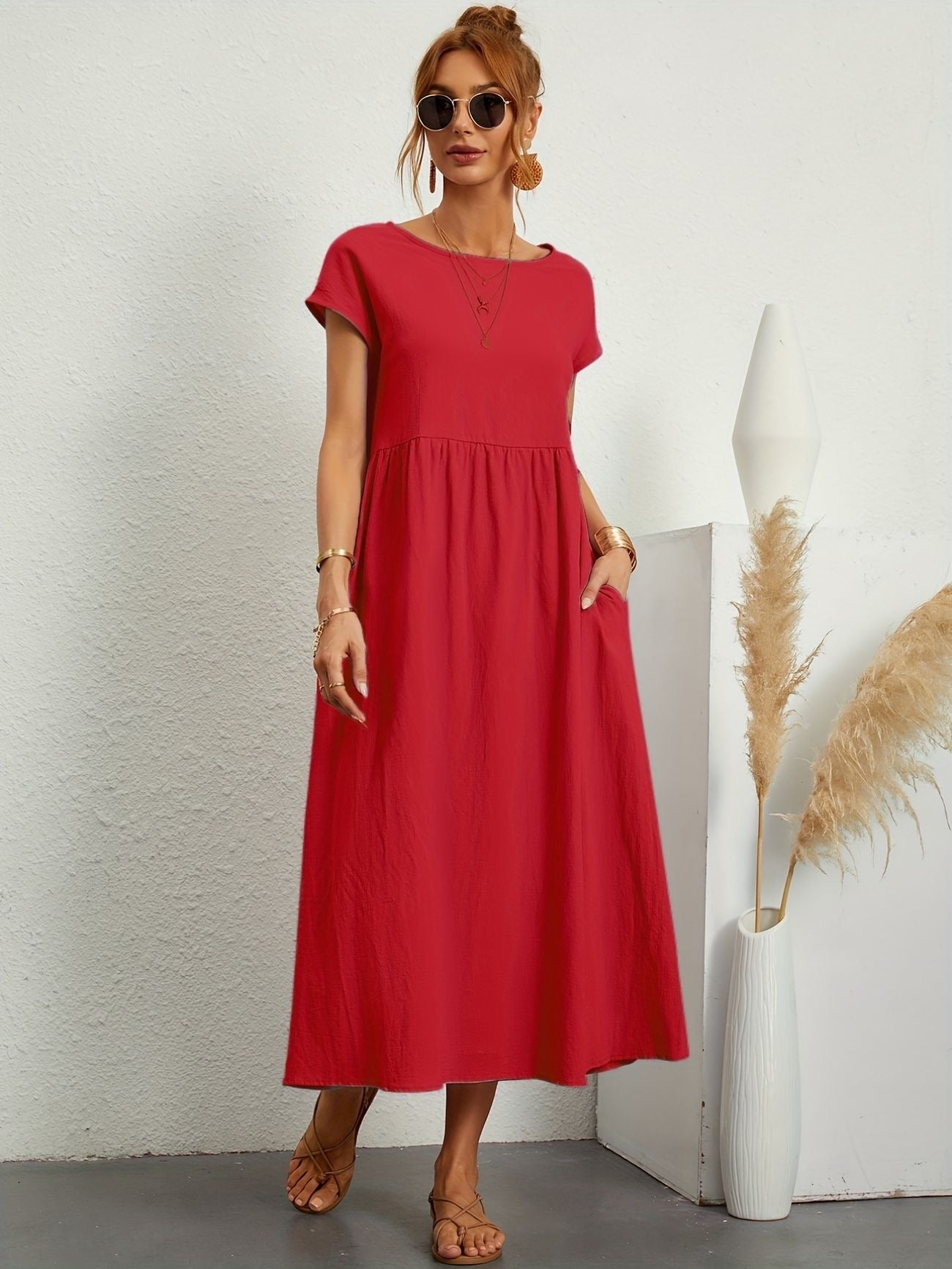 Alice | Women's Short Sleeve Loose Midi Pocket Dress